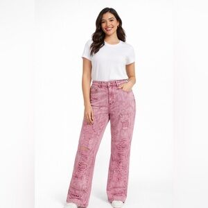 PrettyLittleThing Pink Flare Wide Leg Distressed Jeans